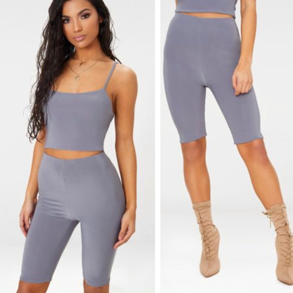 High Waisted Grey Slinky Biker Shorts